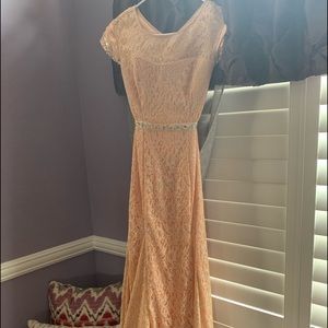 light peach color long dress. Removable back piece